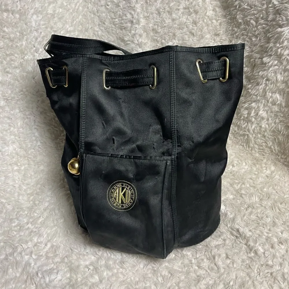 ANN KLEIN II Black Satin medium sling back brass accents .